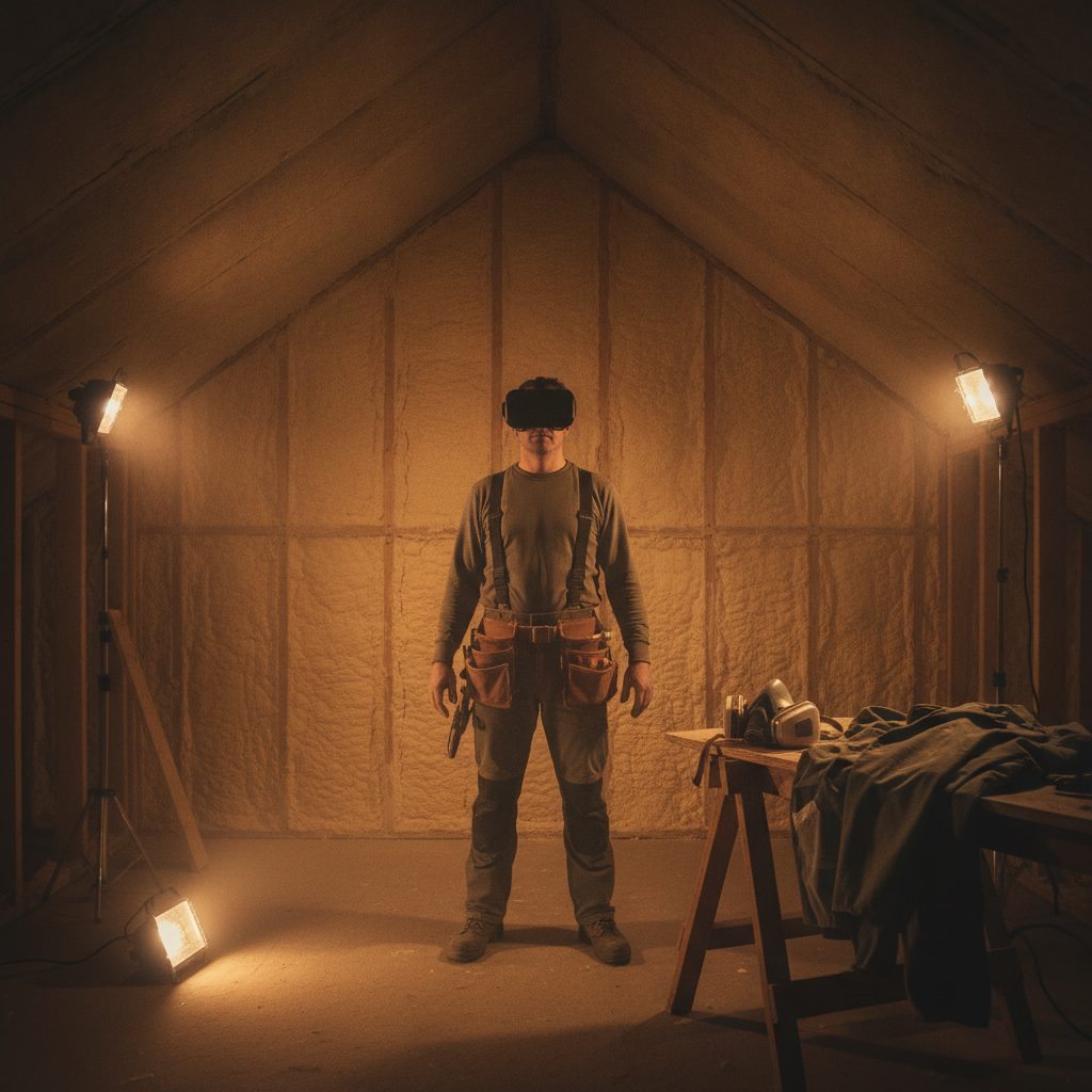 Spray foam installer using VR headset training technology on a job site