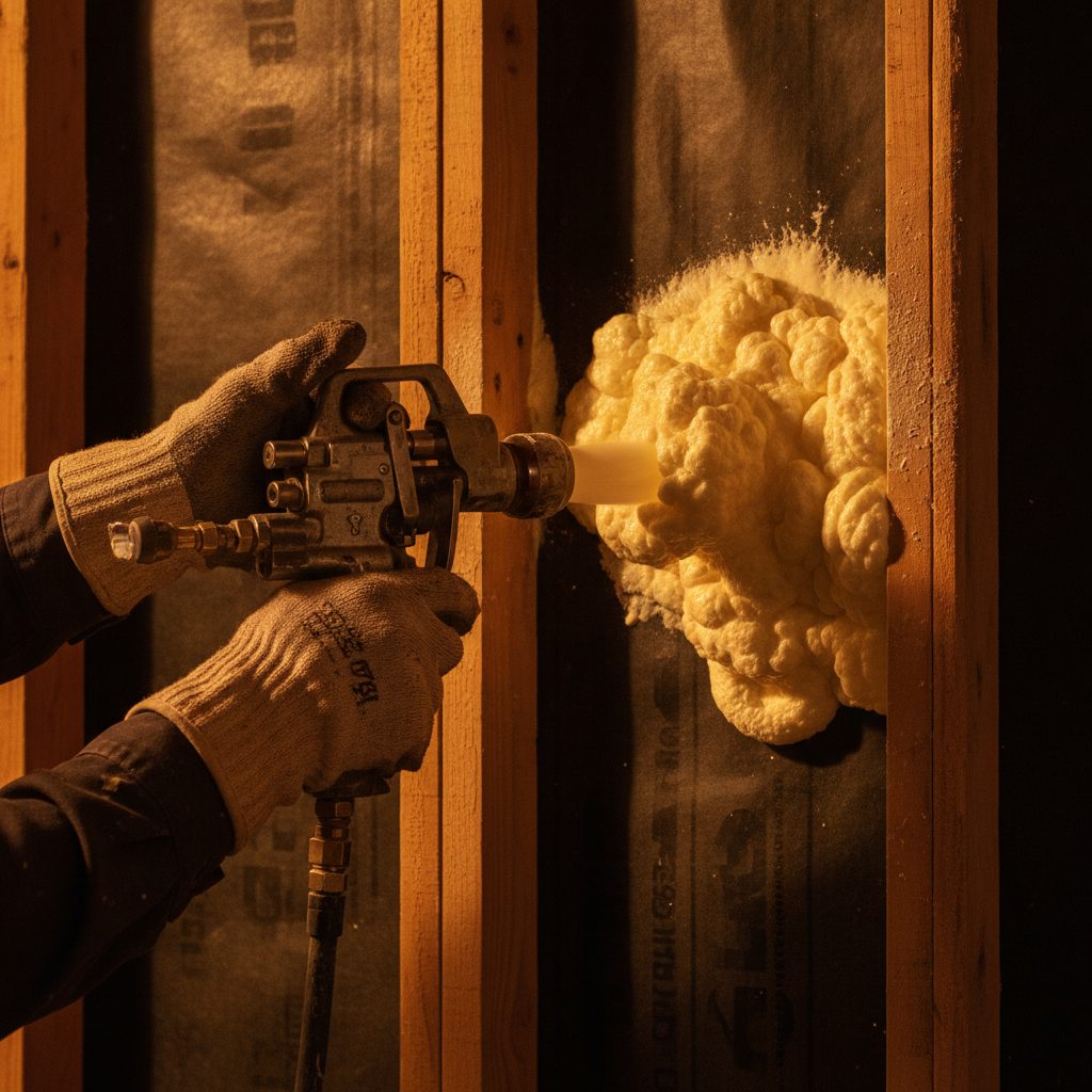 Technician demonstrating spray gun technique and distance during foam application